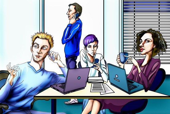 Young adults absorbed in digital devices