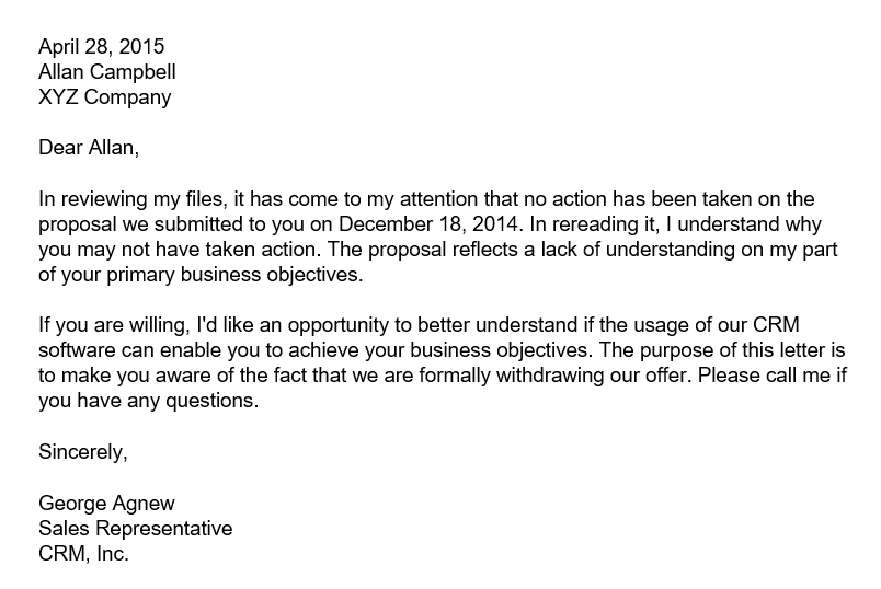 Sample Letter for Withdrawing a Proposal